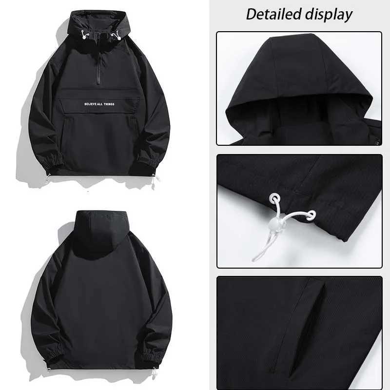 New Men Spring Autumn Waterproof Casual Versatile Top Japanese Korean Streetwear Fashion Loose Pullover Half Zip Hooded Jacket W250722