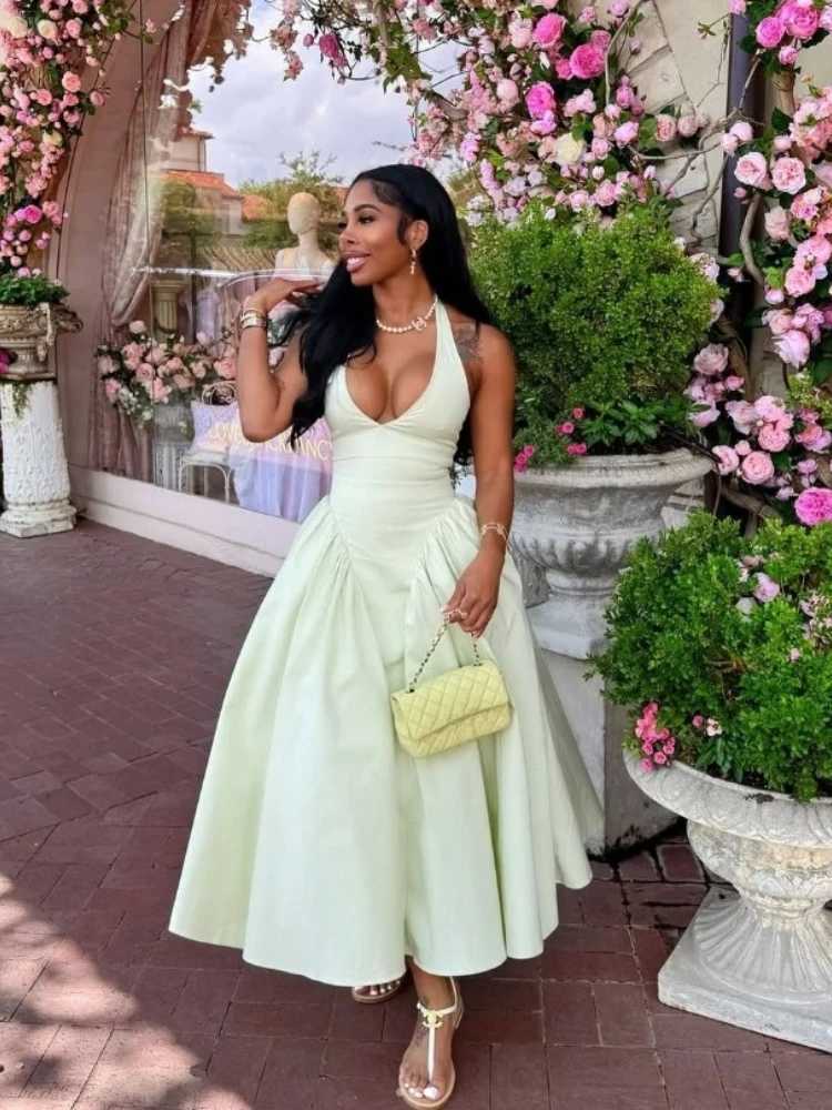 1200 Women Halter V-neck Backless Sleeveless Big Swing Bodycon Midi Maxi Long Dress 2025 Vacation Sexy Party Evening Dresses XJ250722