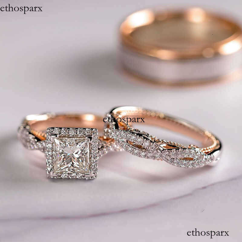 Luxury 3pcs Rose Gold Plated Diamond Twist Engagement Ring Square VVS Moissanite Wedding Ring Set