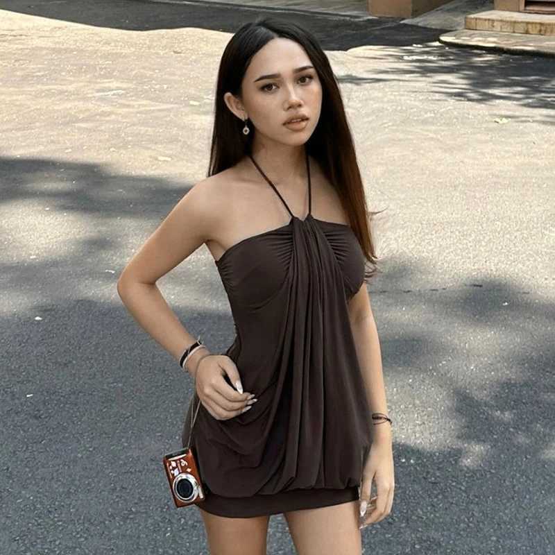 Cute Womens Lace Up Halter Sexy Mini Dress Sleeveless High Waist Slim Fit Folded Backless Sheath Beach Holiday Dress Fe XJ250722