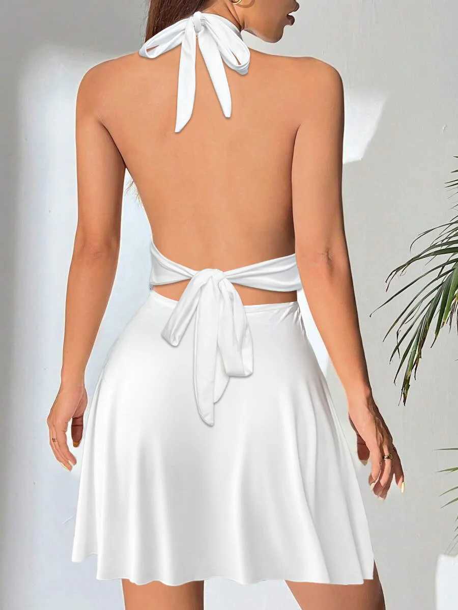 Hot-selling banded womens V-neck skirt Europe and the United States summer sexy backless pleated mini skirt XJ250722
