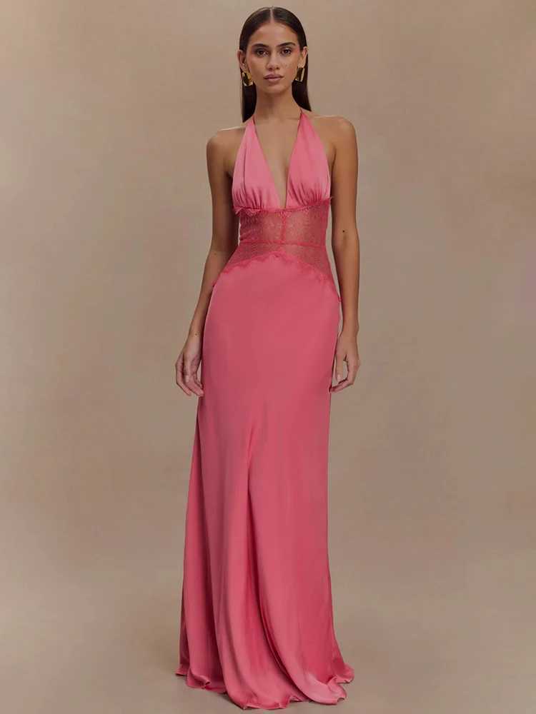 Mozision Summer Backless Sexy Maxi Dress Women Gown Patchwork Lace Halter Deep V Neck Sleeveless High Waist Long Dress XJ250722