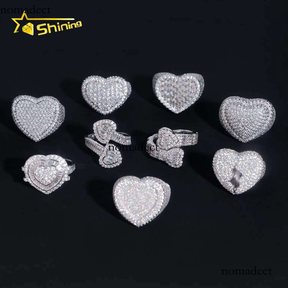 Fine jewelry pure silver gold-plated ice out men's heart-shaped VVS silica hip-hop ring