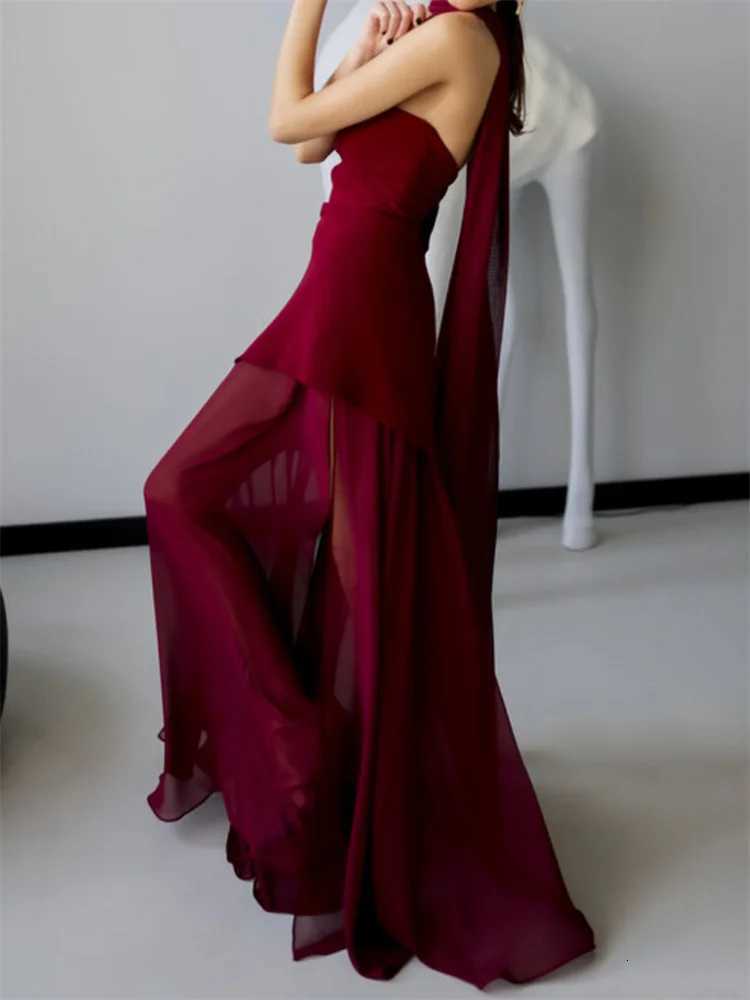 Women Strapless Dress Off Shoulder Sleeveless Open Back High Split Long Dress with Scarf for Evening Party XJ250722