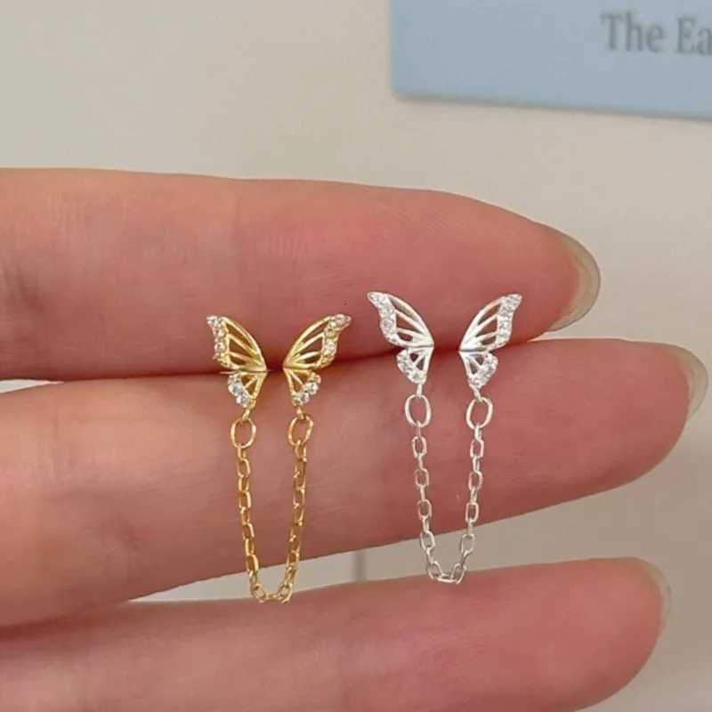 Tiny Sweet Tassel Butterfly Stud Earrings for Women Simple Korean Double Ear Hole Tassel Chain Earrings Party Jewelry XJ250722