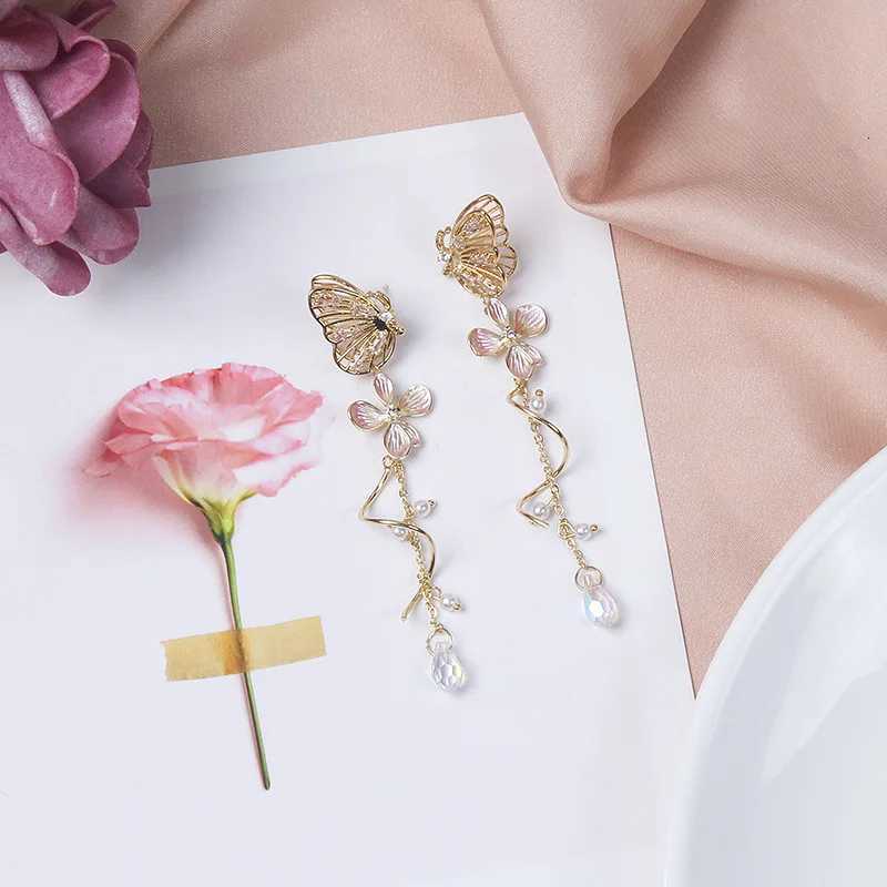 Korean Elegant Flower Butterfly Earrings For Women Exquisite Crystal Zircon Long Tassel Drop Earrings Girls Temperament Jewelry XJ250722