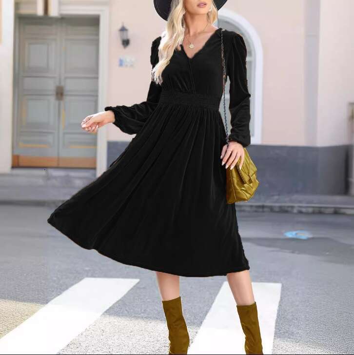 Autumn Winter New Solid Color Sleeve Elegant Commuting V-Neck Pleated High Waist Long Dress For Women B5