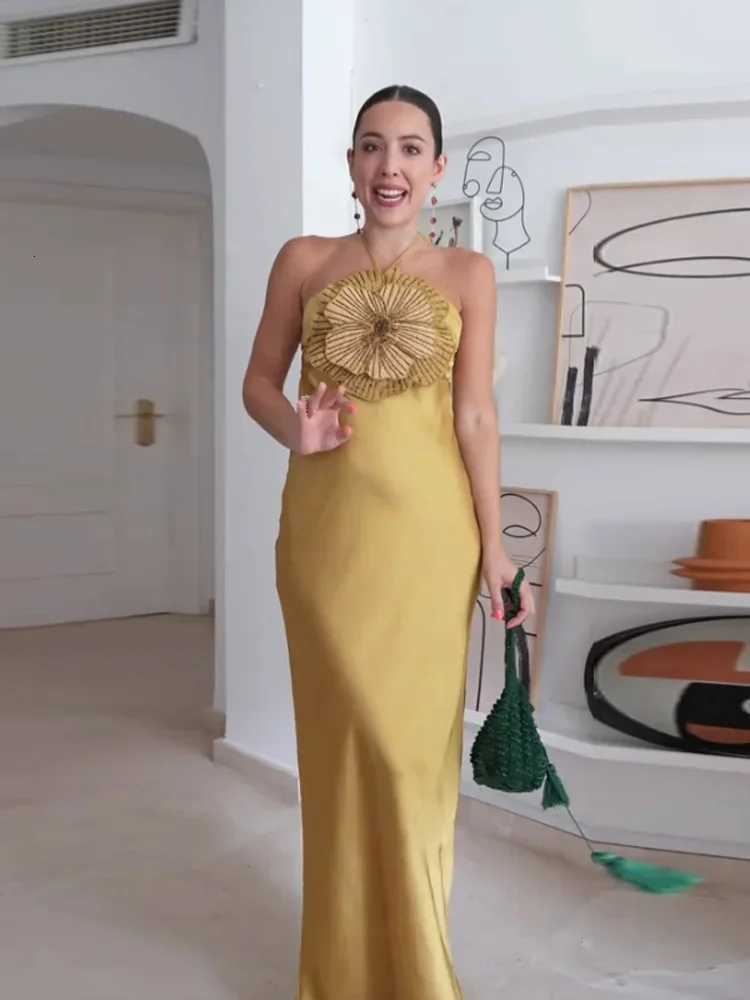 3D Flower Halter Women Maxi Dress Fashion Solid Stain Chic Veless High Waist Slim Long Dress for Women 2025 Summer Evening Dresses XJ250722