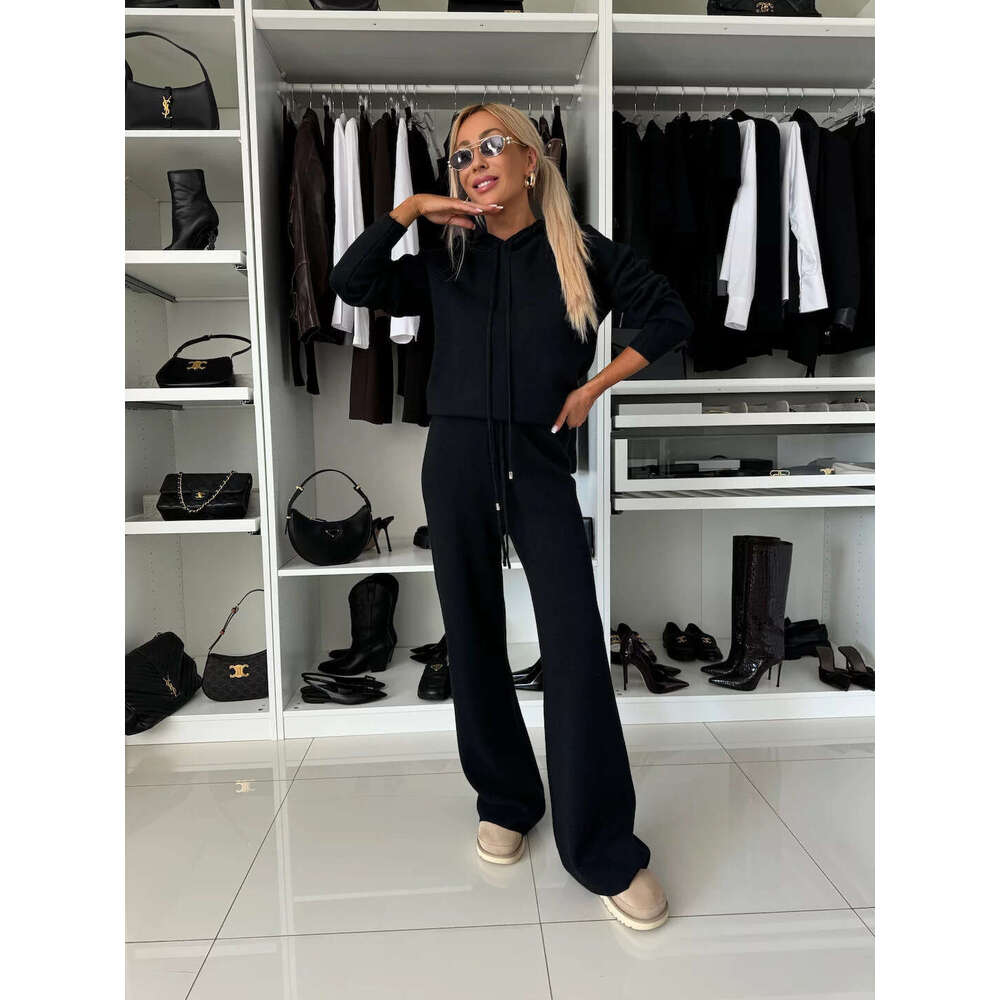 Autumn Winter New Casual Suit Women Solid Color Hooded Long Sleeve Sweatshirt Drawstring Wide Leg Pants Two-Piece Set B5