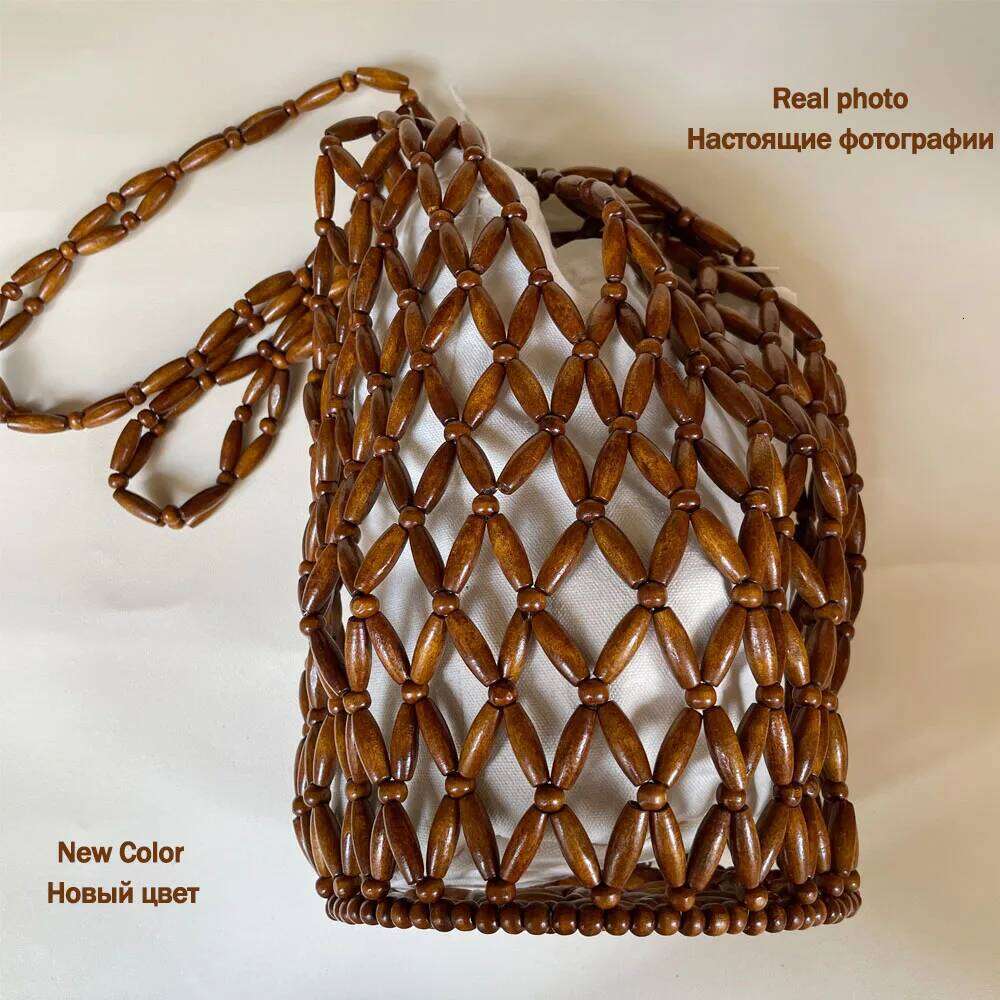 Women Beaded Summer Design Hollow-out Wooden Bead Tote Bucket Shoulder Bag Female Beach Handbag