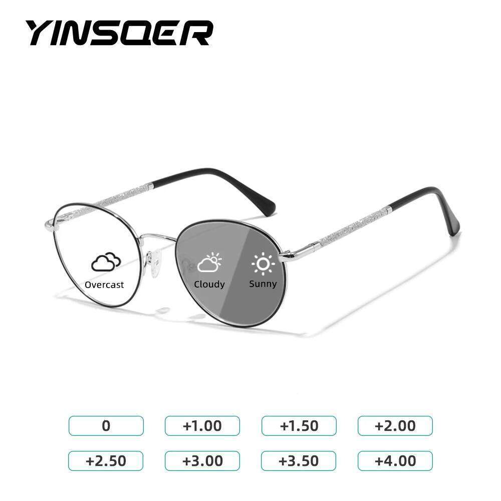 YINSQER Women's Round Reading Glasses Custom Diopters Photochromic Lenses with Sparkling Glass Beads Temple Fashion Eyewear +1 2