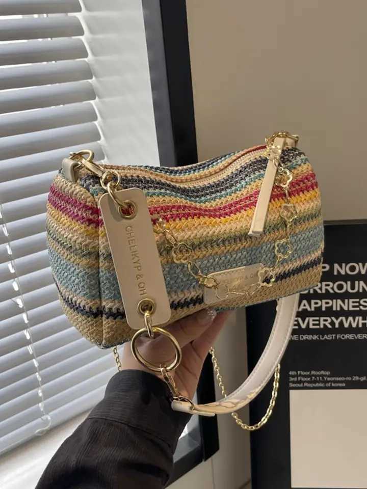 new spring and summer contrast striped woven shoulder bag with letter decoration crossbody bag Y250722