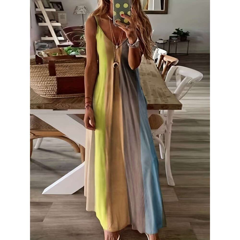 Summer Women's Long Slim Fit Colorful Gradient New Printed Strap Dress B5