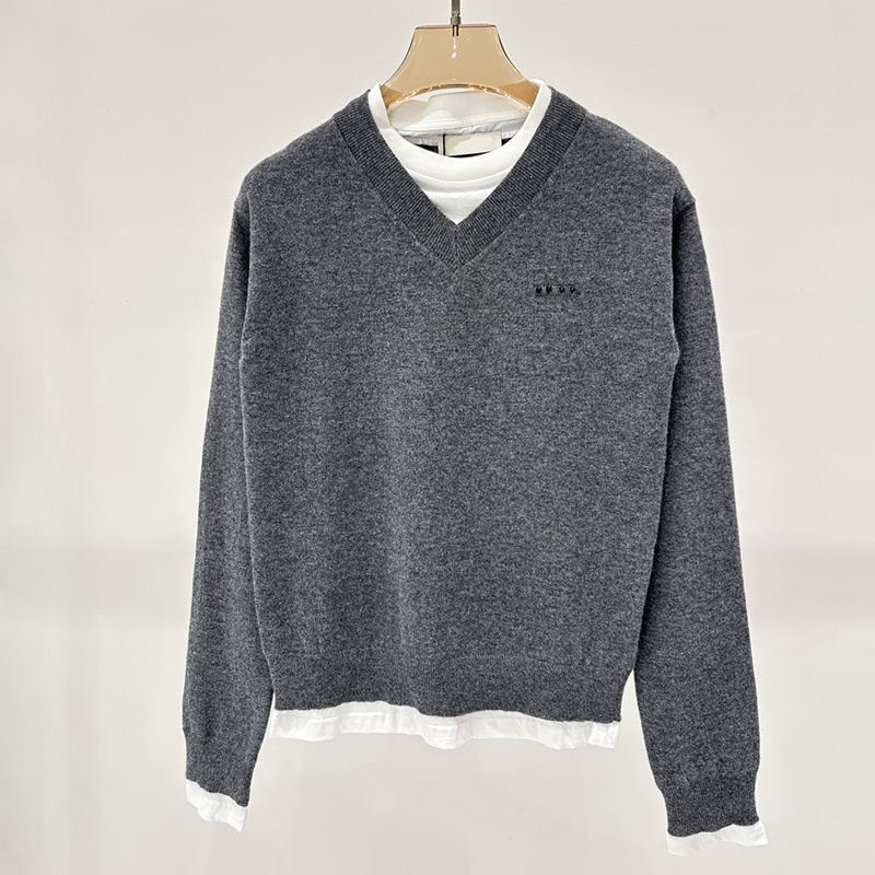 Designer Women Slim Pullover Luxury Letters Embroidery Fake Two Piece Sweaters Winter Autumn Street Outdoor Daily Gray Jumpers