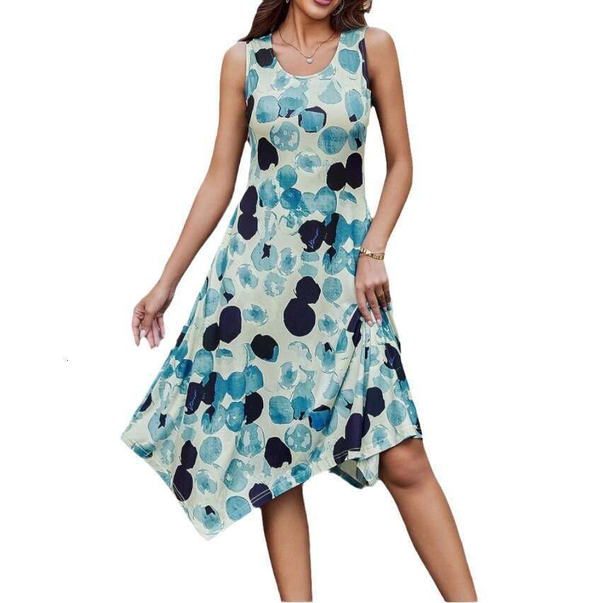 Women's Summer Mid-Length Fashion New Printed Sleeveless Flared Dress B5