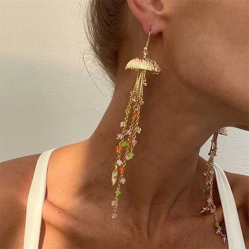 Boho Starfish Scalp Shell Long Tassel Earrings For Women Shiny Crystal Jellyfish Dangle Earring Beach Vacation Party Jewelry XJ250722