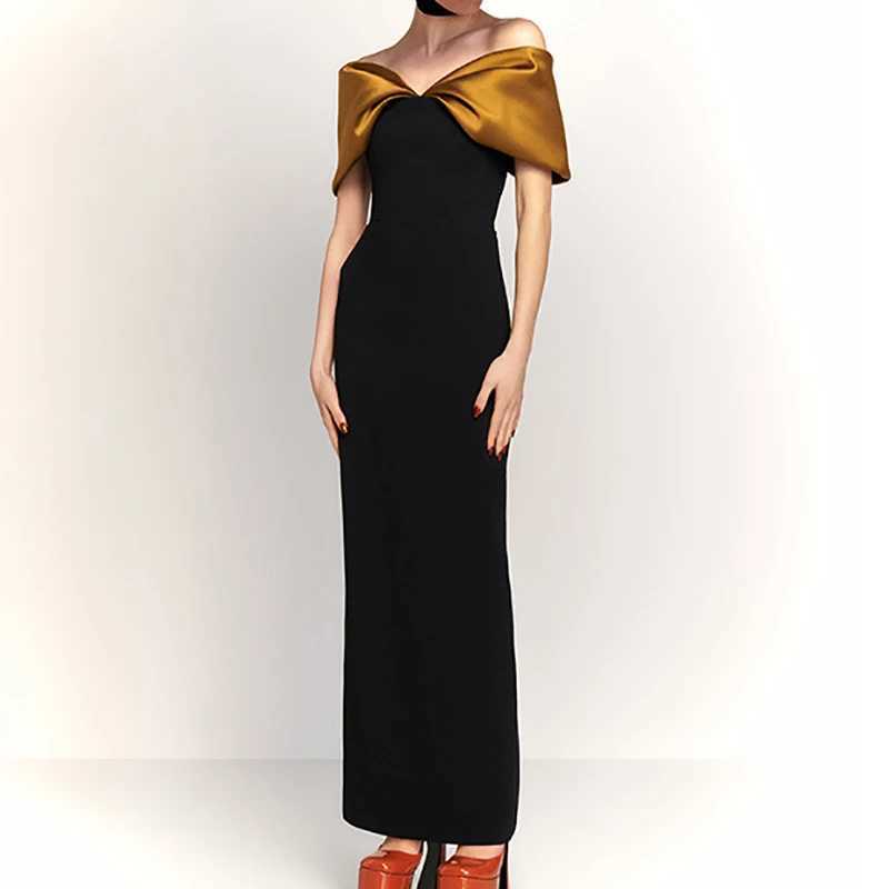 Fashion Color Blocked Splicing Evening Dress Off Shoulder Solid Slim Long Dress for Women Casual Short Sleeve Party Dresses XJ250722