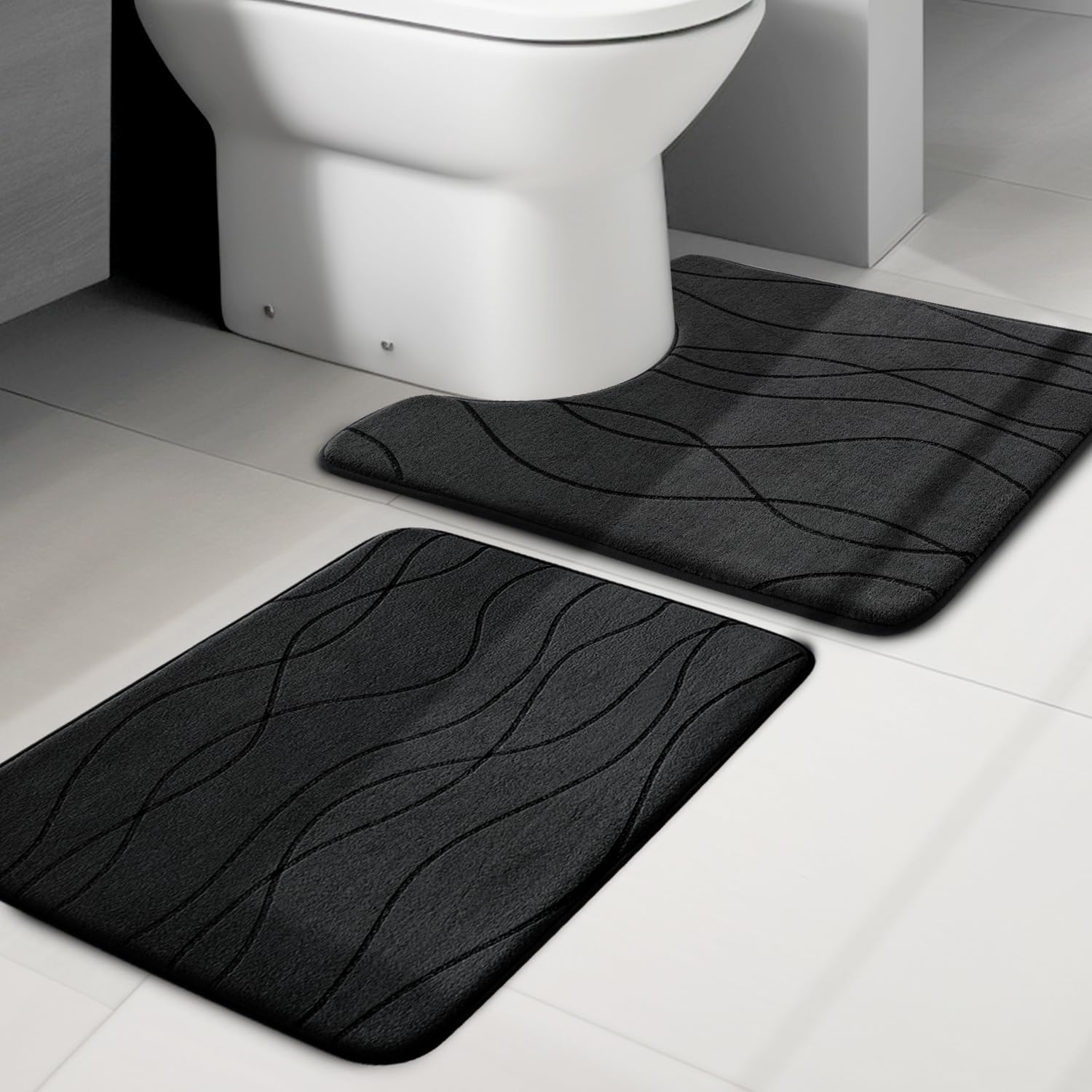 Memory Foam Bath Mat 2 Set Non Slip Super Soft Water Absorbent Machine Washable U Shape Toilet Mats Dark Grey Bath Rug Set
