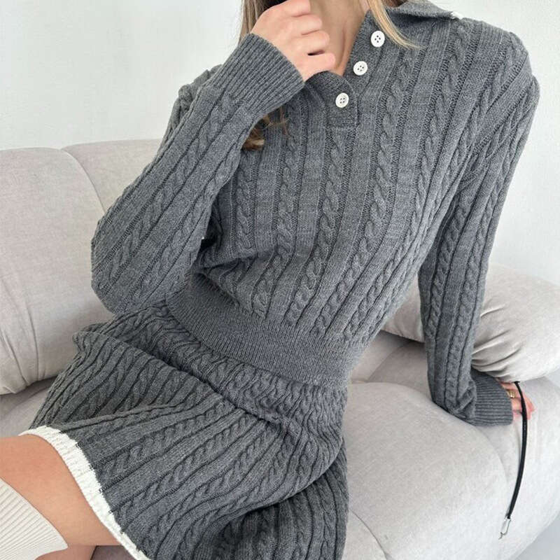 New Casual Dress Long Sleeve Knitted Button Sweater Short Skirt Two-Piece Set For Women B5