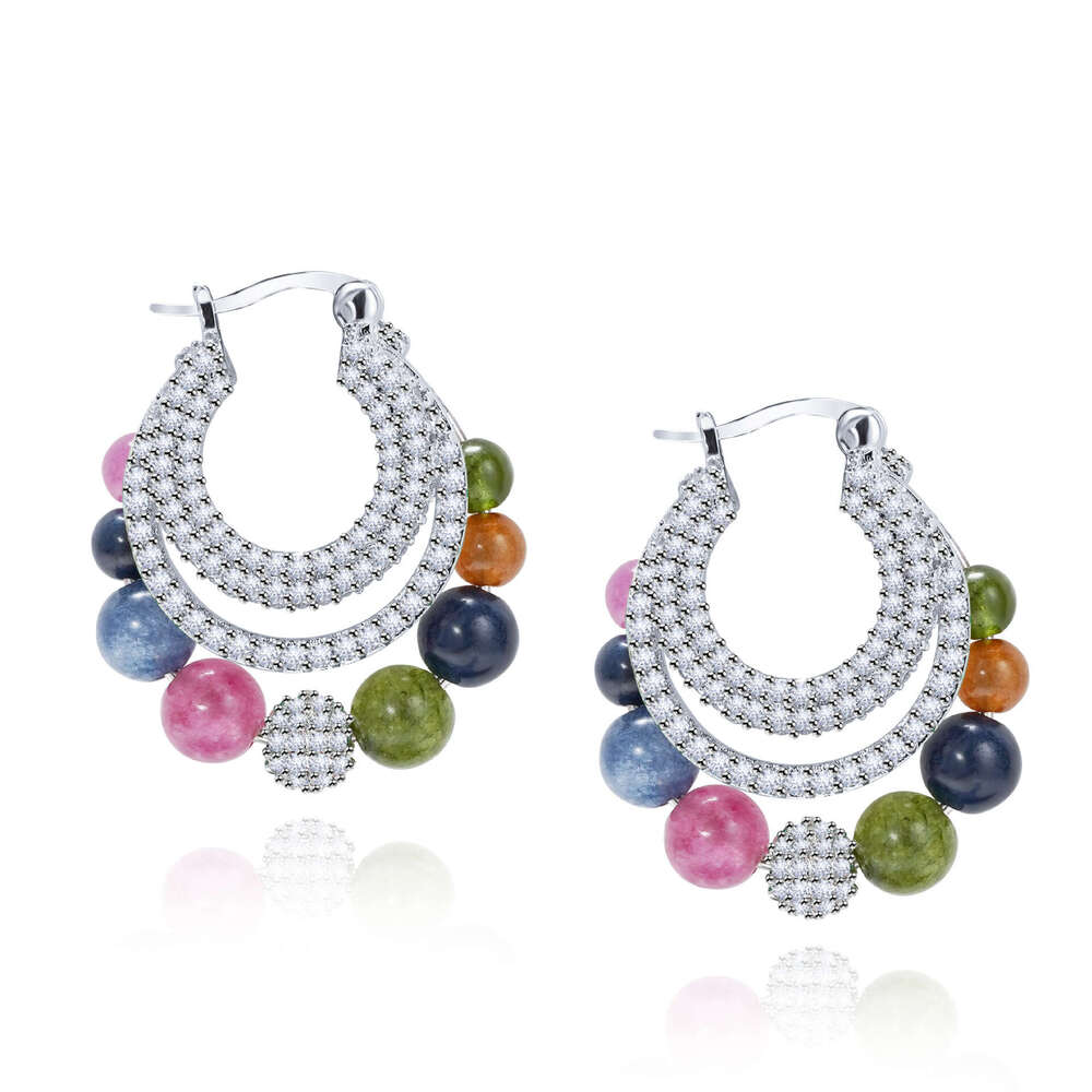 New Chinese Luxurious Crystal Ethnic Style Natural Colorful Tourmaline Emerald Chalcedony Inlaid Dia Earrings Set