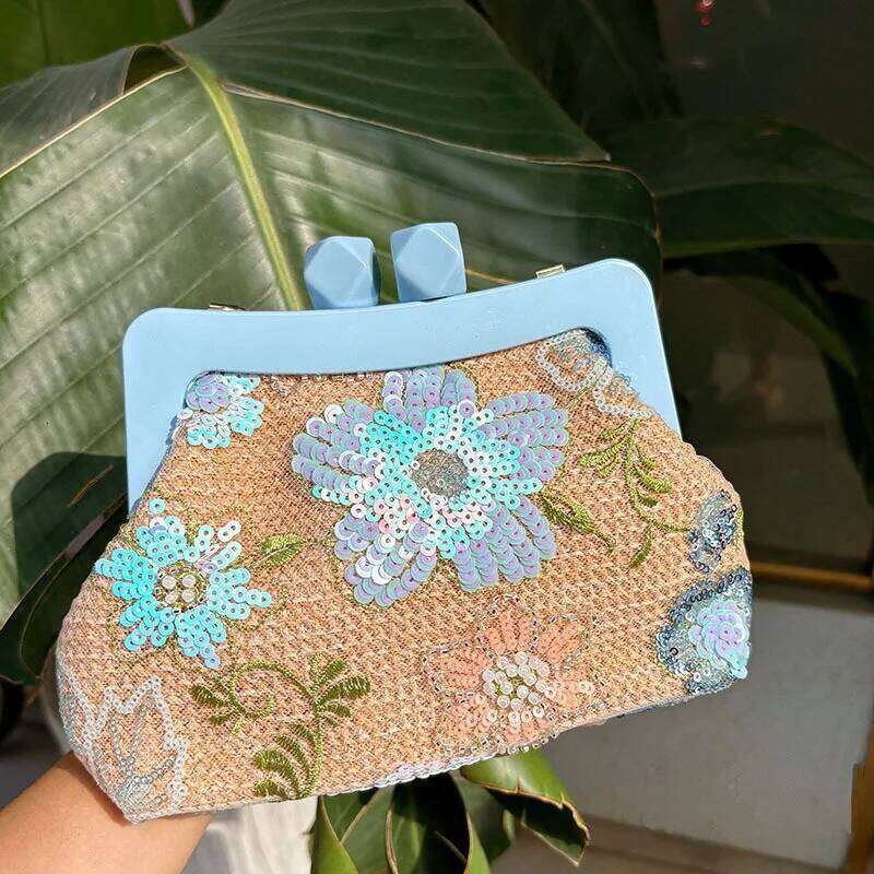 Women Embroiry Evening Sequins Vintage Flower Straw Beach Handbag Weaving Satchel Ladies Summer Daily Bag City Bag