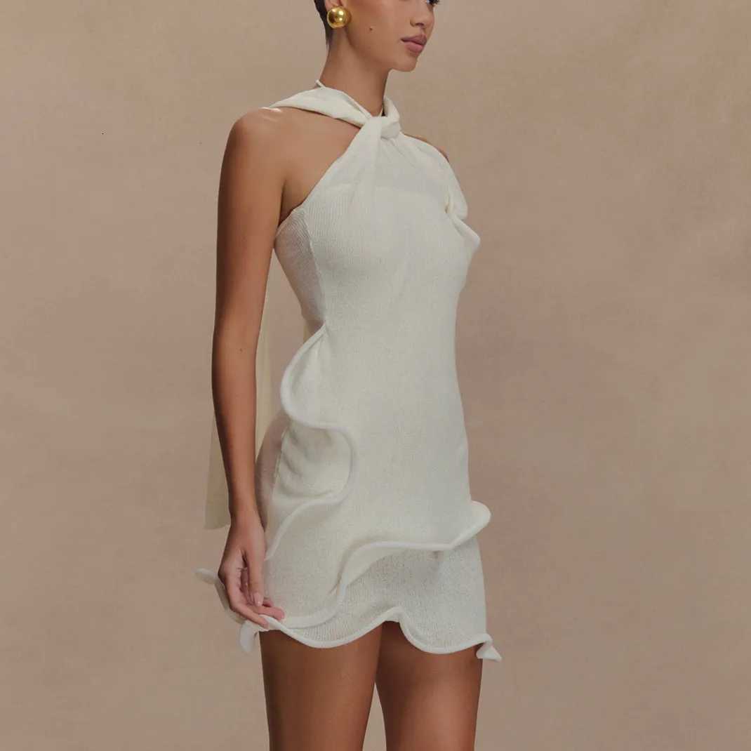 hirigin Women Knitted Halter Mini Dress Sleeveless Crochet Ruffle Edge Bodycon Short Dresses Y2k Sexy Beach Coverup Sundress XJ250722