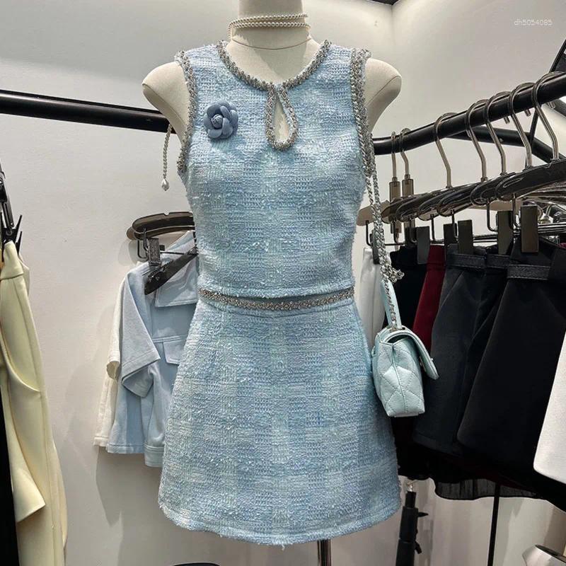 Women's Tracksuits High Quality French Luxury Small Fragrant Tweed 2 Piece Sets Woman Outfit Sweet Chic 3D Floral Crop Top Waist Skirt Suits