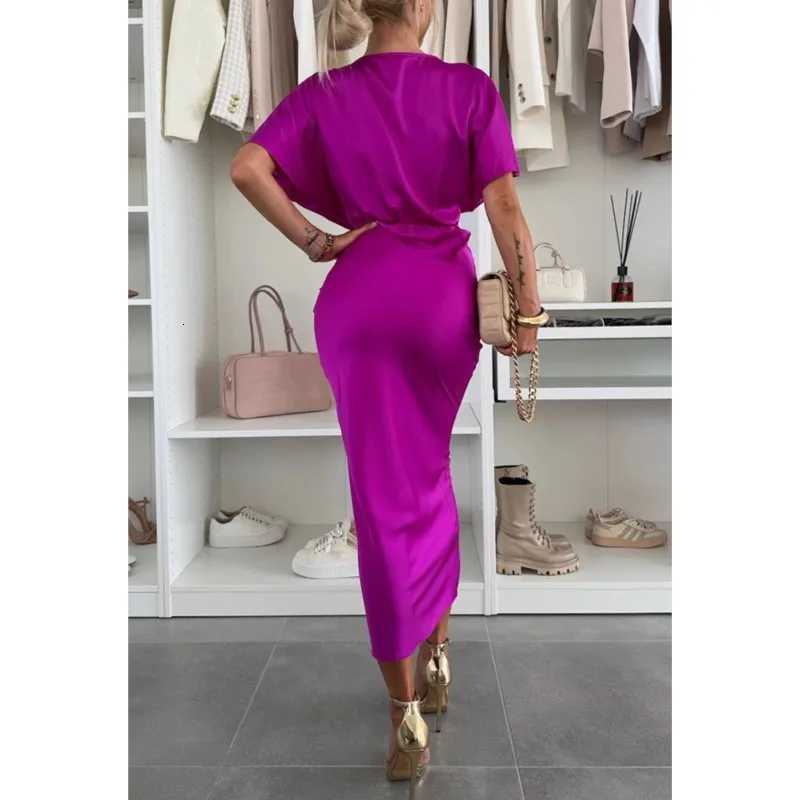 2025 Fashion Sexy Satin Dress Womens Batwing Short Sleeve Wrap V-neck Twist Bodycon Midi Long Dresses Party High Street Dresses XJ250722