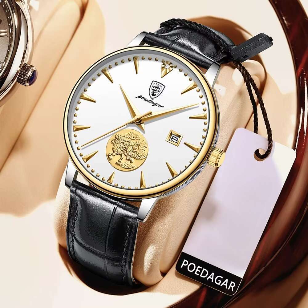 DHwatches POEDAGAR Men's Luxury Automatic Watch - Ultra-Thin 10mm, Skeleton Dial, Moon Phase, 50M Waterproof, Genuine Leather Strap
