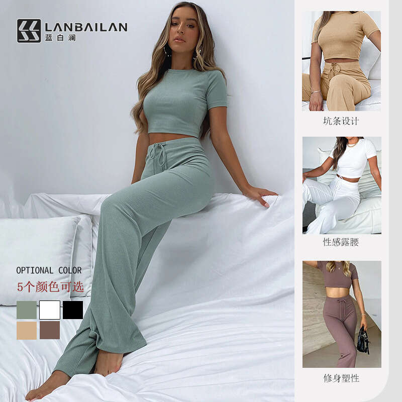 Summer Women's Ribbed Short Sleeve Crop Top And Long Pants Knitted Casual Set B5