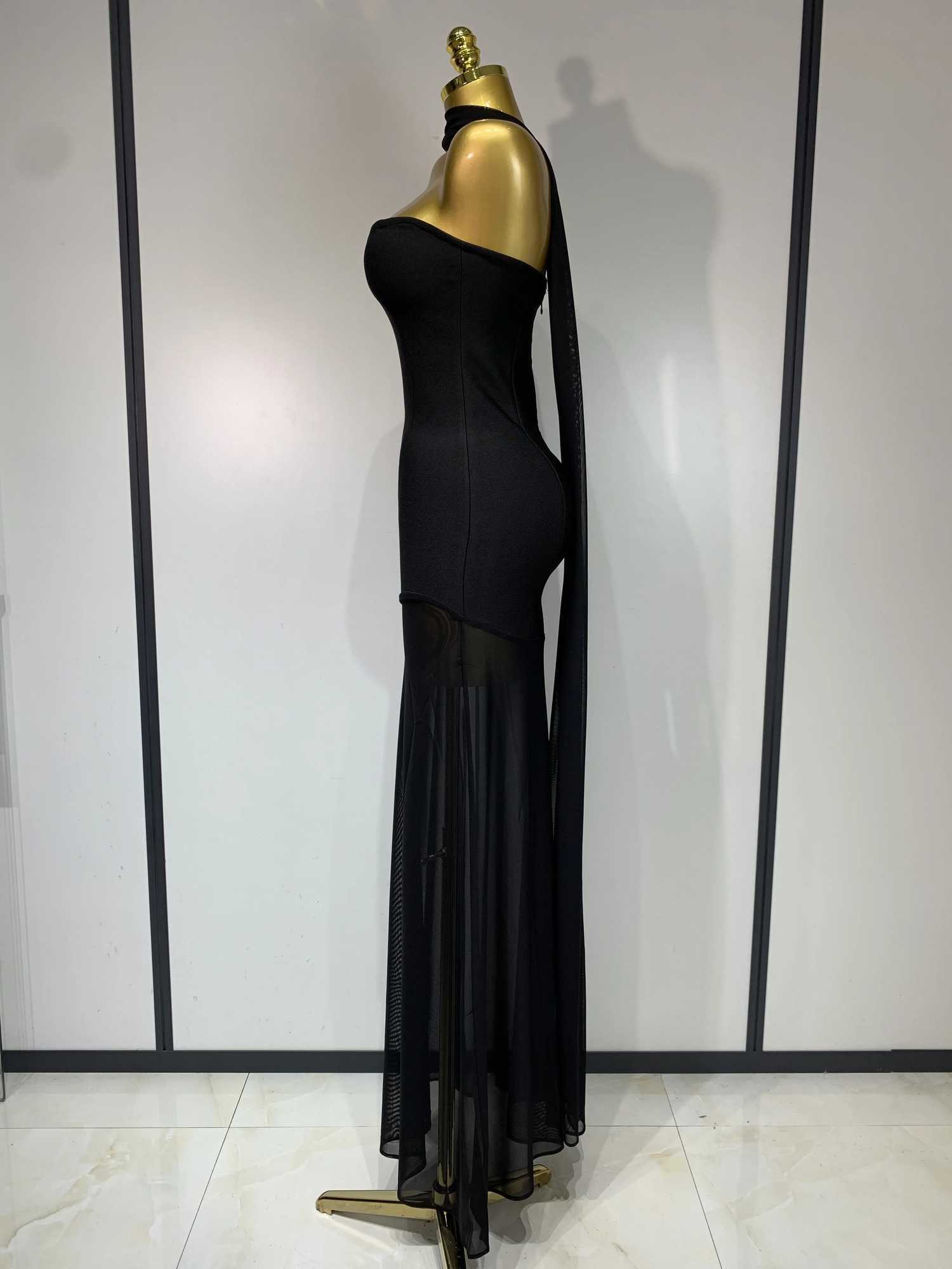 Sexy Strapless Long Bandage Dress Black Mesh Patchwork Evening Party Gowns Bodycon Birthday Dresses XJ250722