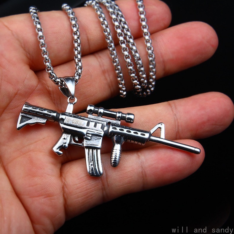 Non Tarnish Stainless Steel Machine Gun Necklace Hip Hop Chain Bird Owl Lion Dinosaur Skull Wings Pendant Fashion Jewelry for Men Anniversary Father B