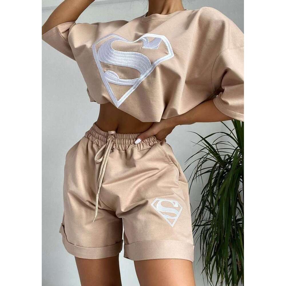 Women's Summer New Embroidered Sports Casual Shorts And Sweatshirt Set B5