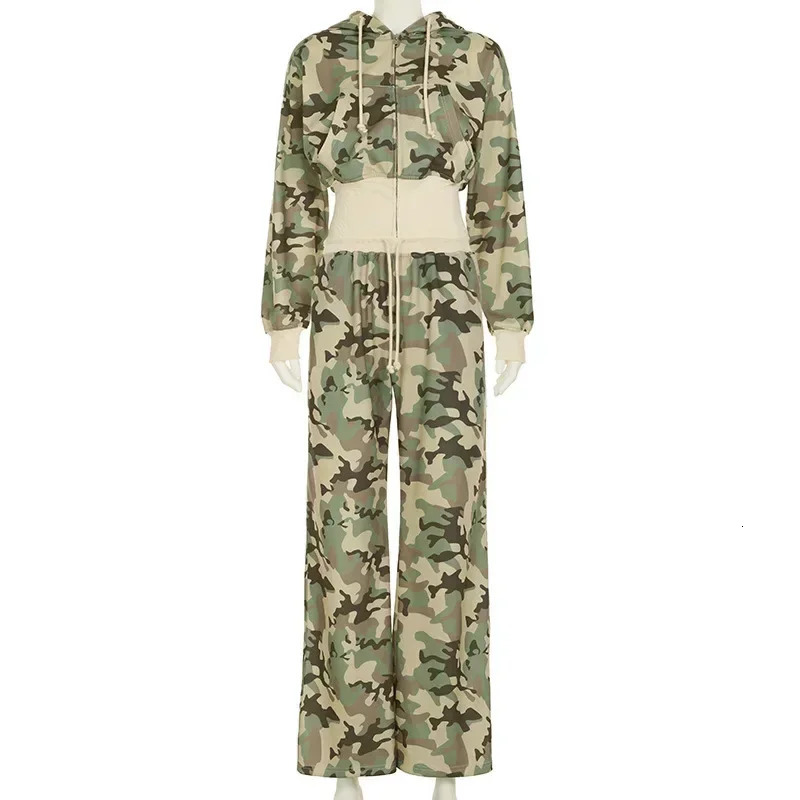 Print Loose Casual 2 Piece Set Women Tracksuits Full Sleeve Zipper Hooded Sweatshirts Top Wide Leg Pants Suits 250714