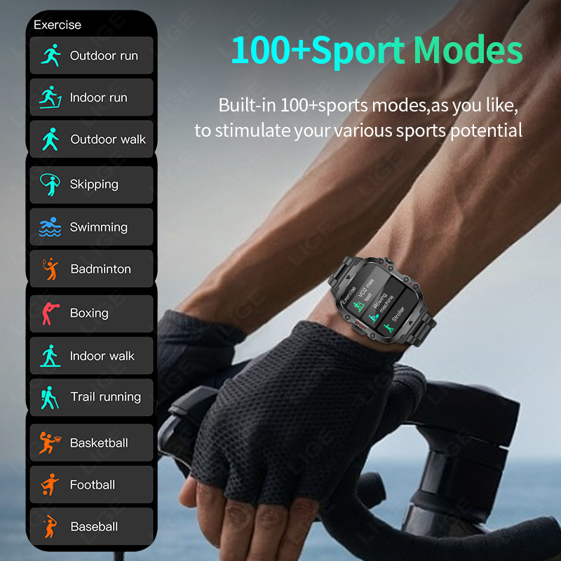 LIGE smartwatch Wireless call, music control, multiple sports modes, IP67 waterproof, blood pressure and heart rate detection Remote control photo tak