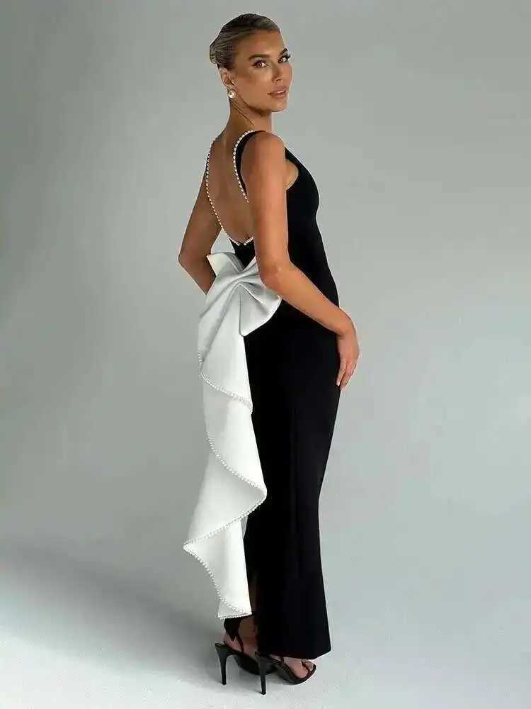 2025 Spring Summer Womens Sexy Party Dress with Pearl Bow Backless Nightclub Maxi Long Slim Bodycon Dresses XJ250722