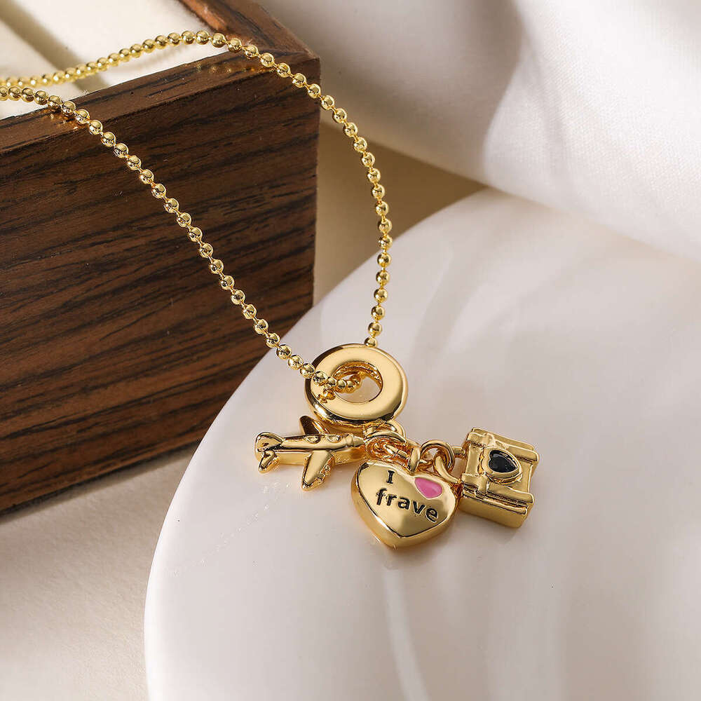 Luxury jewelry designer For women Australian antique copper plated 18K gold drip oil airplane travel pendant necklace niche versatile collarbone chain - view 3