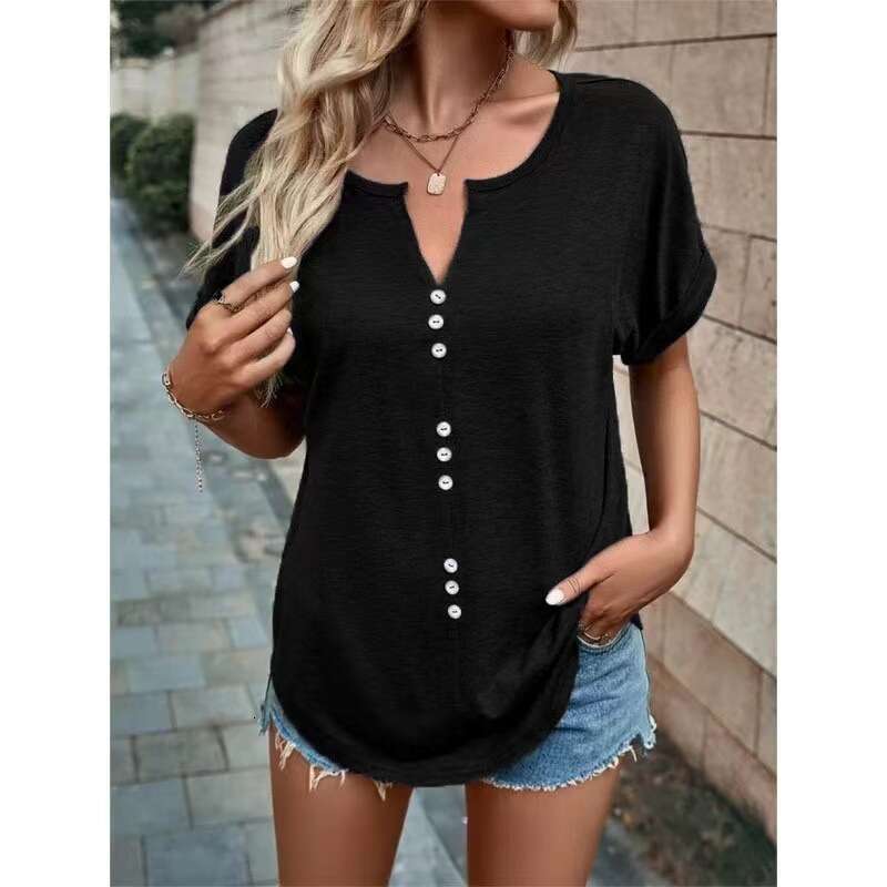 Spring And Summer Plus Size Women's New Tops Solid Color Multi-Twist Button Short Sleeve B5