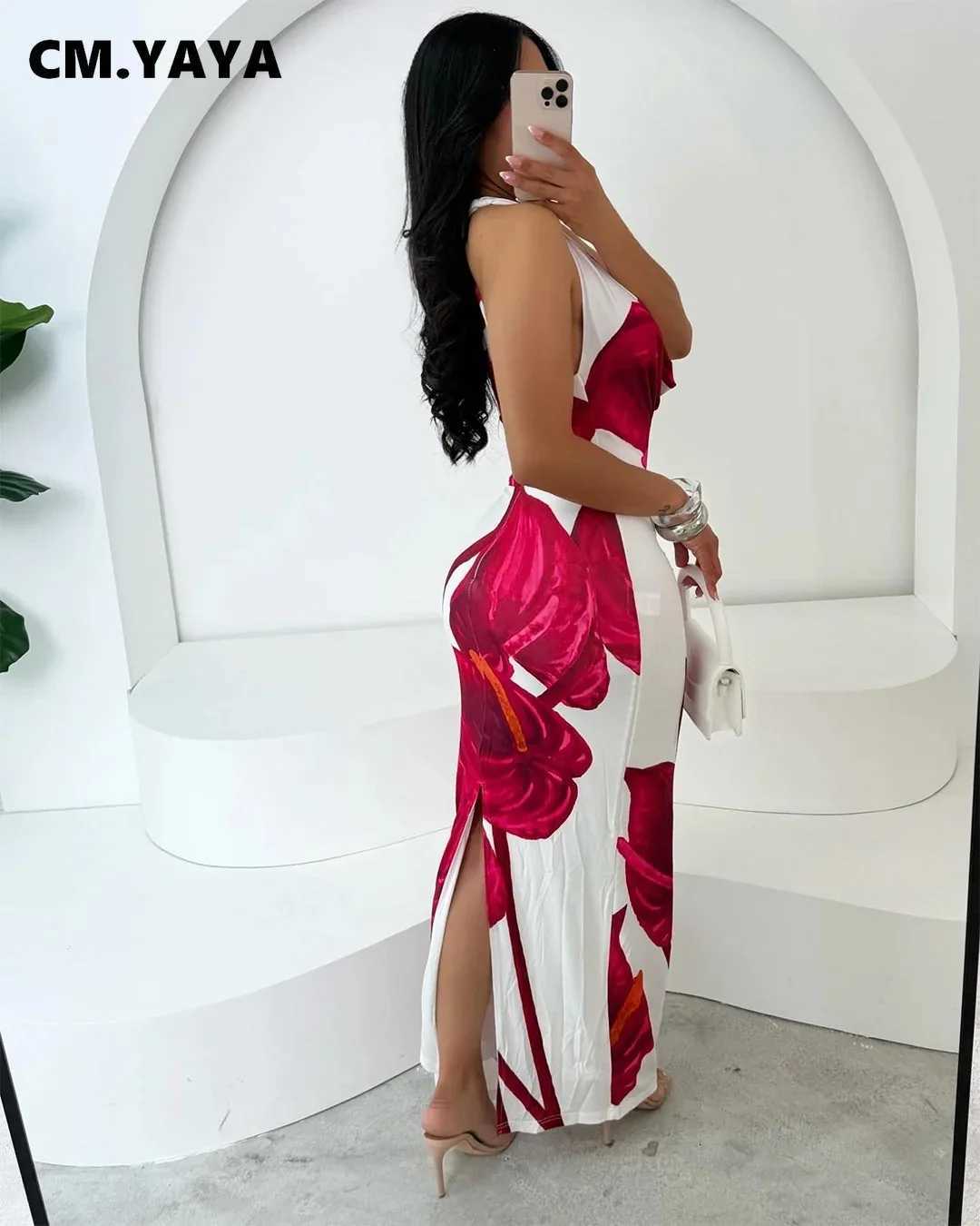 CM.YAYA Women Sleeveless Floral Print Pile Neck Backless Bodycon Midi Maxi Dress Summer Evening Sexy Party Long Dresses Vestidos XJ250722