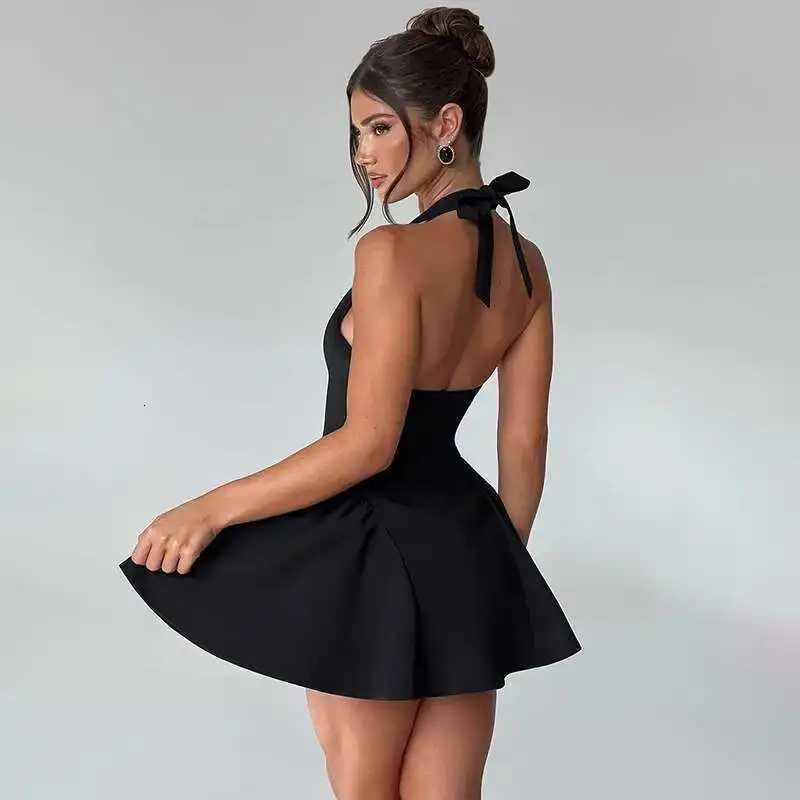 2024 Summer Womens A-line Pleated Waist Wrap Dress Halter Mini V Neck Backless Nightclub Sexy Party Dresses XJ250722