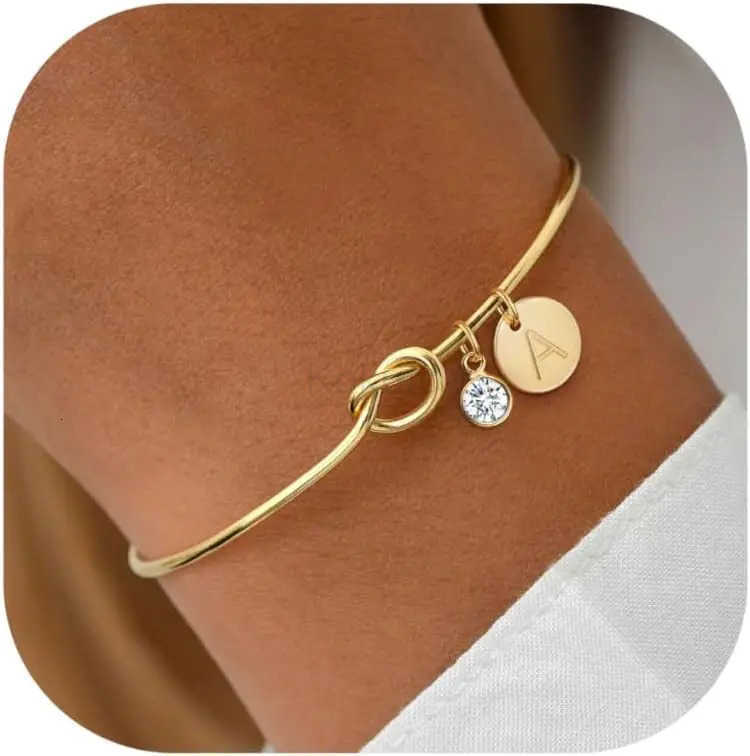 14K Gold Plated Birthstone Initial Bracelets for Women Bridesmaid Proposal Gift Love Knot Cuff Bangle Bracelet Birthday Gifts M250722