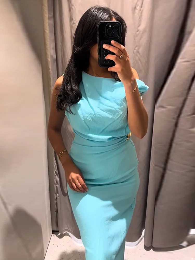 100% Womens Bodycon Maxi Dresses Sleeveless One Shoulder Dress with Gold Buckle Summer Chic Casual Lady Party Evening Outfit XJ250722
