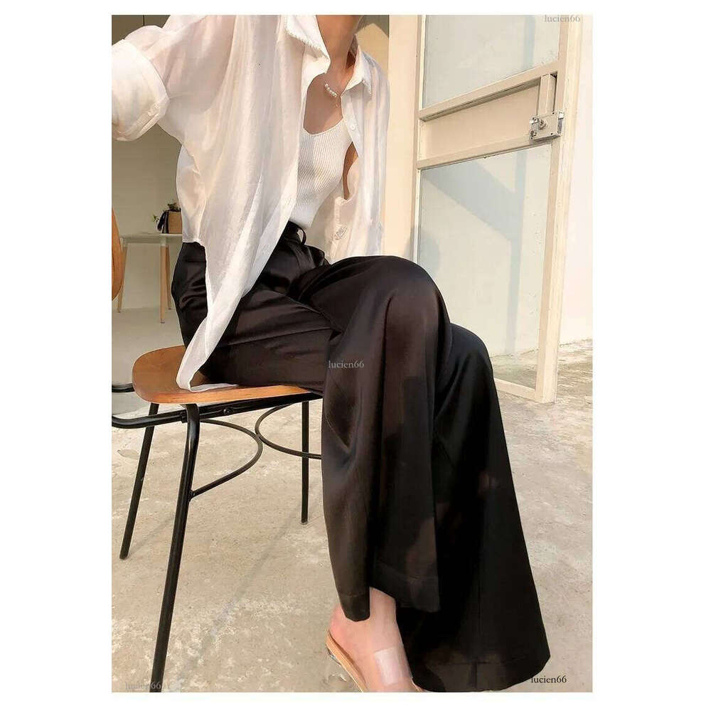 Womens Two Piece Pants Summer Silk Satin High Waist Casual Black Korean Fashion Wide Leg Suit for Women Trousers Oversize 230519