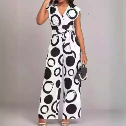 New Fashion Elegant Casual V-Neck High Waist Printed Wide-Leg Belted Jumpsuit B5