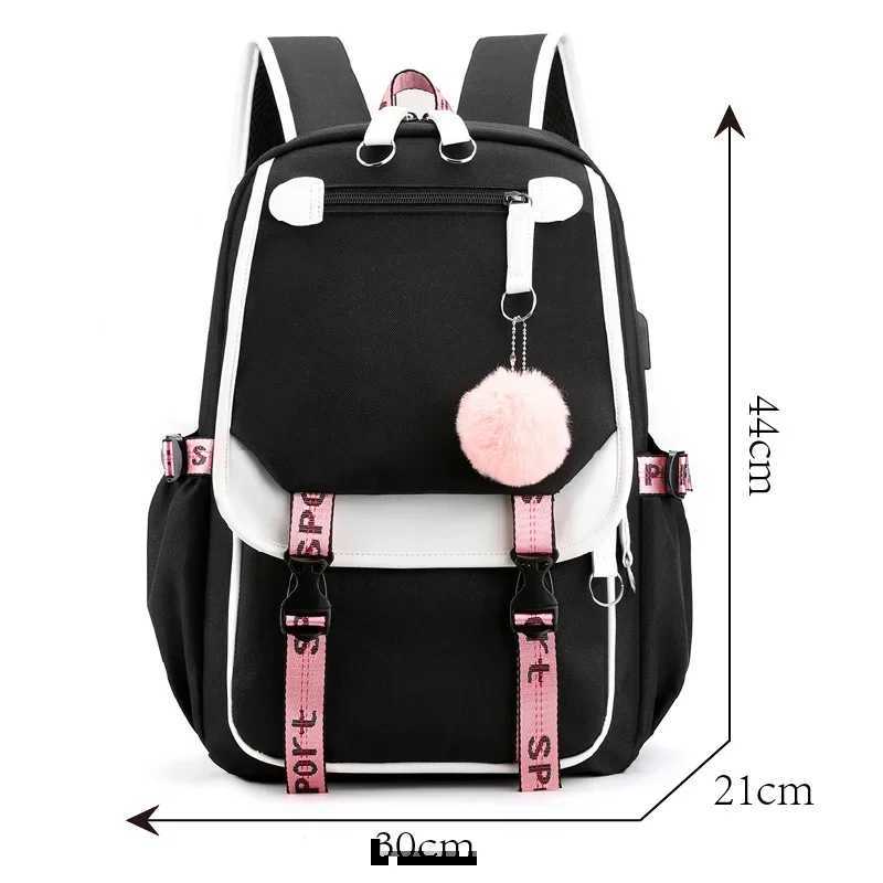 Large School Bags for Teenage Girls USB Port Canvas Schoolbag Student Book Bag Black Teen School Backpack Y250722