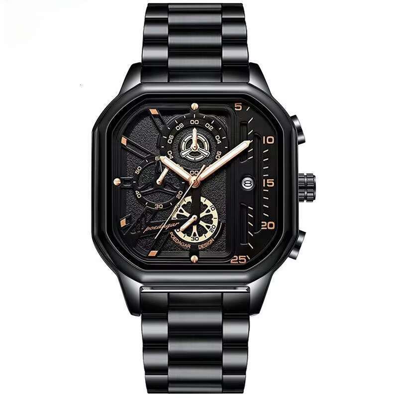 DHwatches POEDAGAR Men's Sports Chronograph Watch - 50M Waterproof, Luminous, Square Dial, Stainless Steel Band, Multifunction Quartz Watch