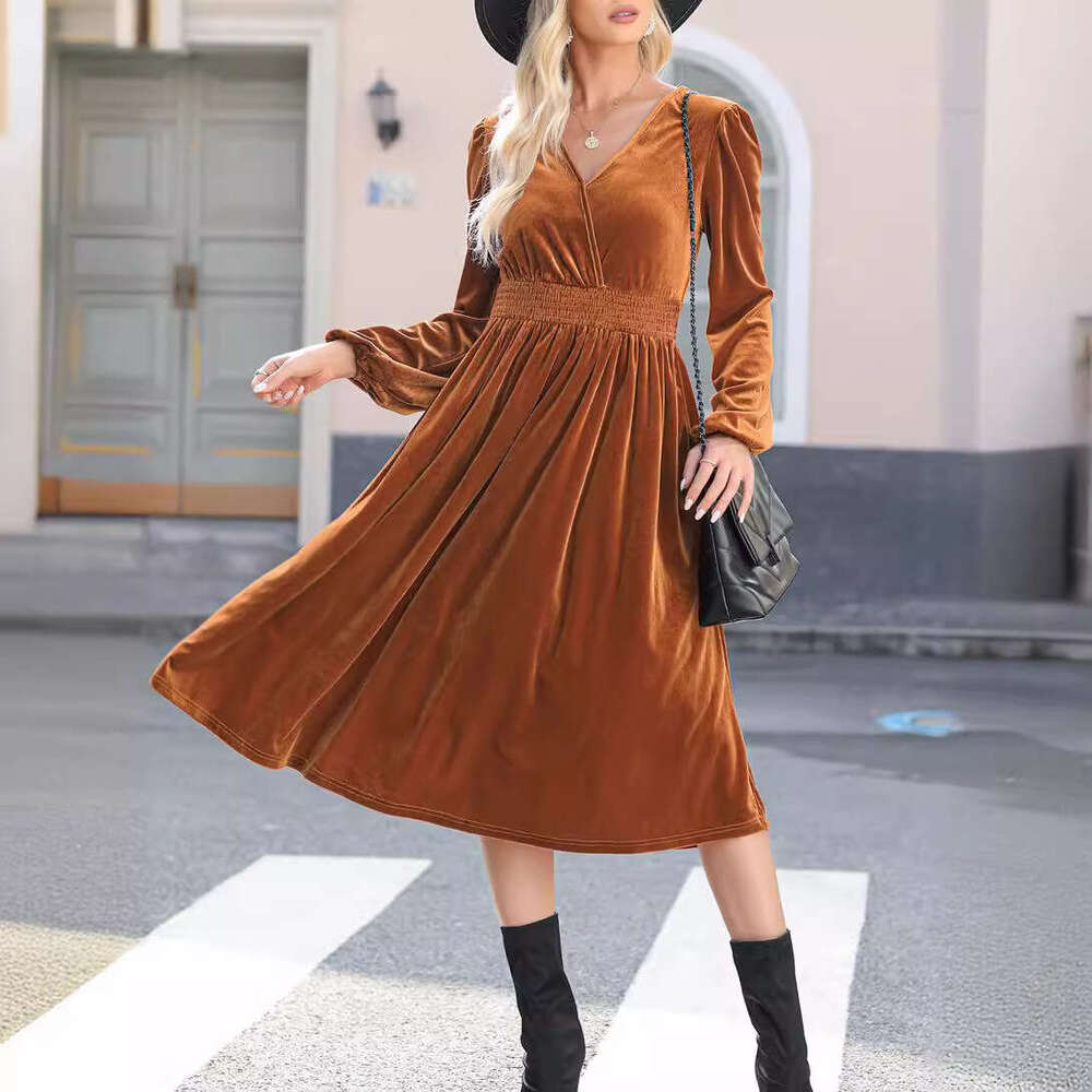 Autumn Winter New Solid Color Sleeve Elegant Commuting V-Neck Pleated High Waist Long Dress For Women B5