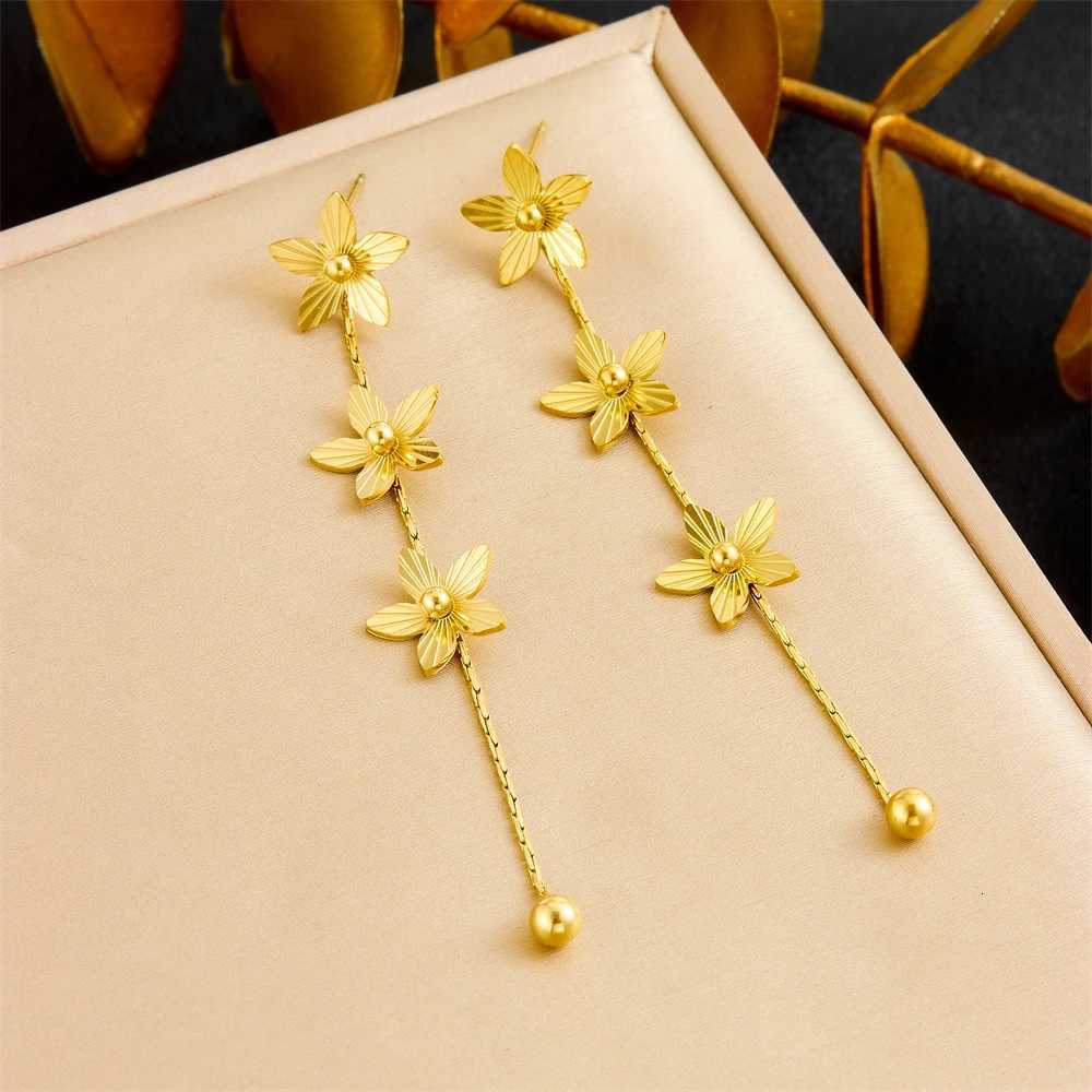 316L Stainless Steel Golden Petals Flower Round Beads Tassel Earrings for Women Fashion New Trend Ear Buckle Jewelry Gift XJ250722