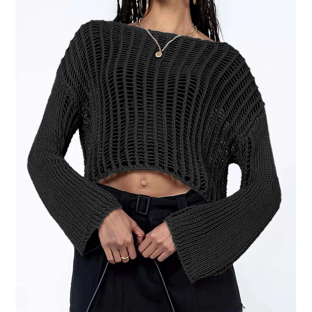 Spring Summer For Women Hand Crocheted Off-Shoulder Hollow-Out Women's Knitted Sweater B5