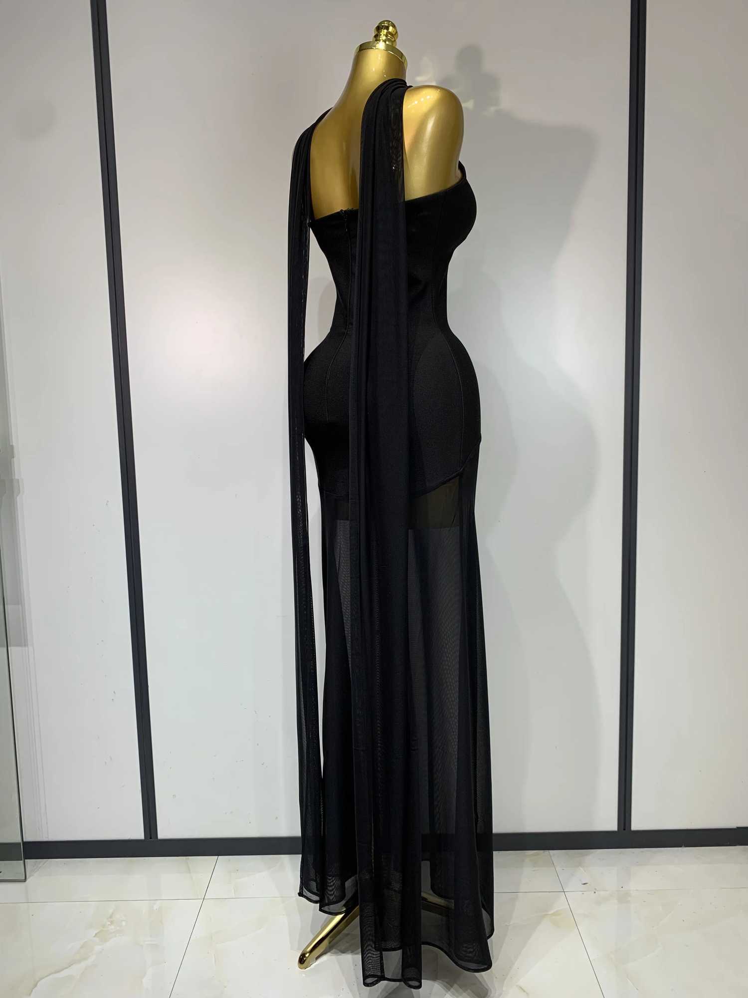 Sexy Strapless Long Bandage Dress Black Mesh Patchwork Evening Party Gowns Bodycon Birthday Dresses XJ250722